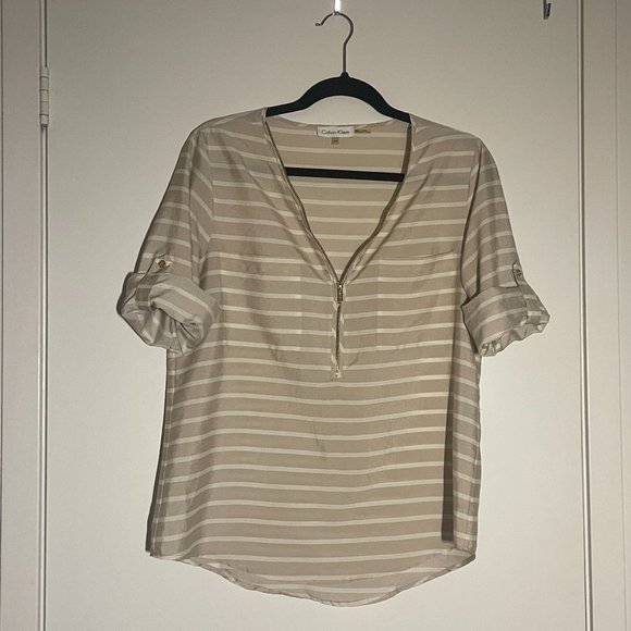 Calvin Klein | Beige & White Stripped Blouse | Zipper/Roll Sleeves/Pockets | S | - Picture 2 of 7